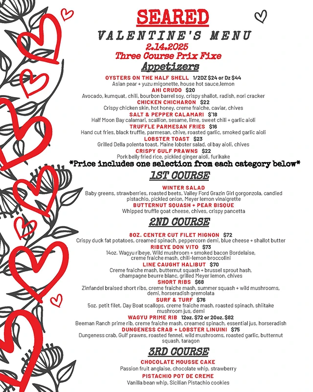 Seared's Valentine's Day Dinner Menu 2025